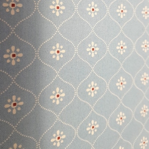 May include: A light blue fabric with a white and red repeating pattern of small flowers. The fabric has a subtle texture.