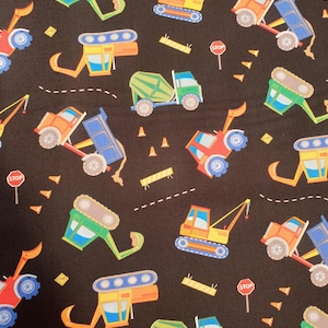 Colourful trucks fabric UK 100% Cotton Material By Metres vehicles diggers mix dumper construction multi-coloured traffic cones stop sign