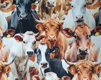 May include: A fabric pattern featuring a close-up of various cow breeds. The cows have different coat colors, including black, white, brown, and tan. Some cows have horns, and all are facing forward, creating a busy, detailed design.