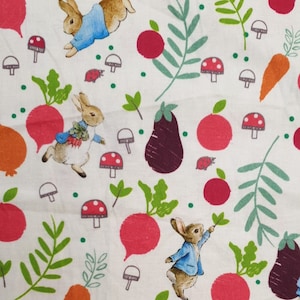 Peter Rabbit Fabric UK 100% Cotton Material By Metre Patchwork Beatrix Potter rabbits classic happy bunny carrots
