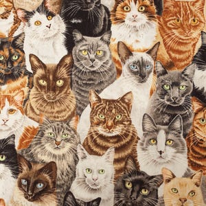 May include: A fabric print featuring a dense collage of various cat breeds with diverse fur patterns and colours, including black, white, orange tabby, grey, and brown. The cats are depicted in close proximity, showing detailed facial features.