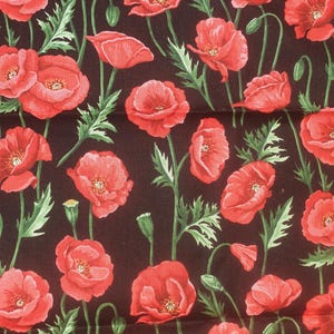 May include: A textile featuring a repeating pattern of red poppy flowers and green leaves set against a dark brown backdrop. The poppies are depicted in various stages of bloom, including buds and open flowers.
