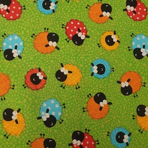 Happy Sheep fabric UK 100% Cotton Material Fat quarter Patchwork Animals Colourful Multi-coloured Wool-themed Farming Grass Grazing Fields