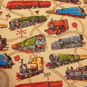 Tissu pour trains Royaume-Uni 100 % coton au mètre, des locomotives de chemin de fer entrecroisent l'ancien et le nouveau patchwork classique coussins sacs banderoles