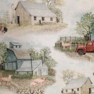 May include: A watercolour painting of a farm scene with red barns, a red truck, and farm animals. The painting is on a white background.