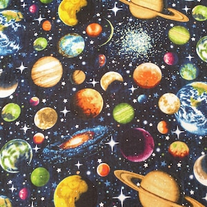 Tela espacial Reino Unido 100% algodón Material Cuarto gordo Rayas de patchwork Planetas Estrellas Sistema solar Lunas lunares