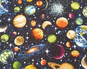 Space fabric UK 100% Cotton Material Fat quarter Patchwork stripes Planets Stars Solar System Lunar Moons