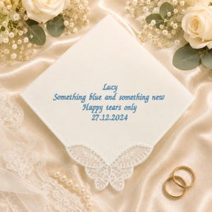 Something Blue-zakdoek voor bruiloft | Gepersonaliseerde bruidszakdoek | Happy Tears-huwelijksaandenken | Geborduurde bruidszakdoek | Bruiloft