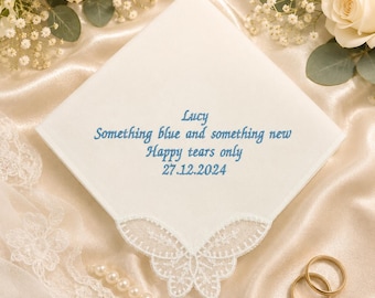 Something Blue Wedding Handkerchief | Personalised Bride Hankie | Happy Tears Wedding Keepsake | Embroidered Bridal Handkerchief | Wedding