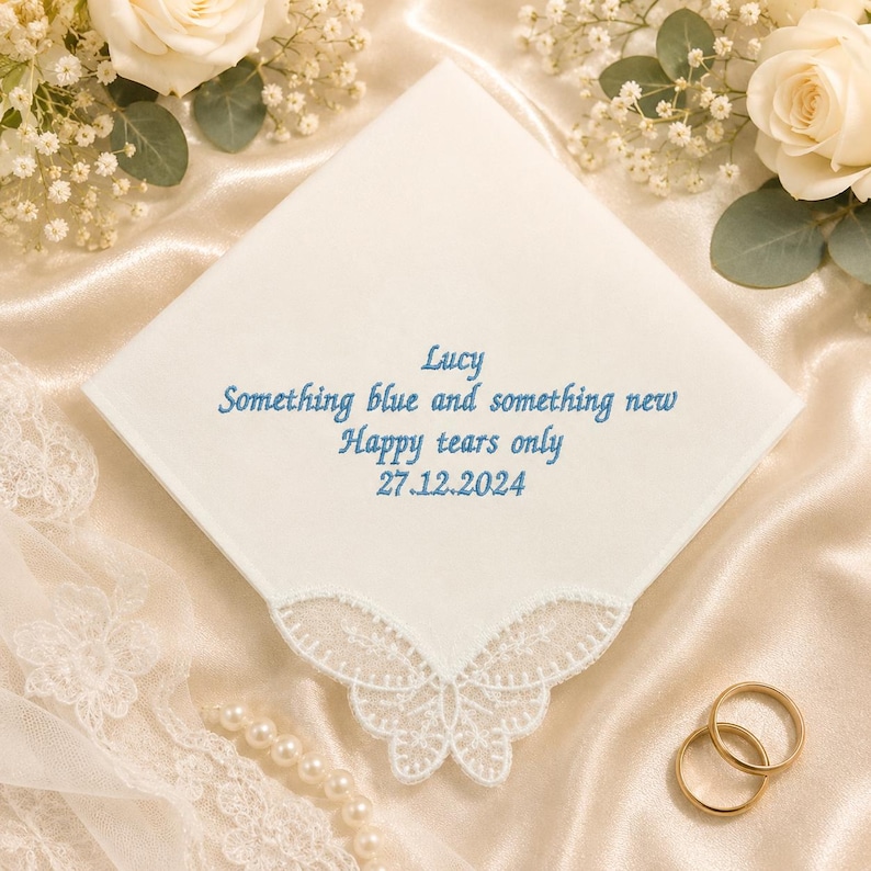 Fazzoletto da sposa Something Blue / Fazzoletto personalizzato per la sposa / Ricordo di nozze Happy Tears / Fazzoletto da sposa ricamato / Matrimonio immagine 1