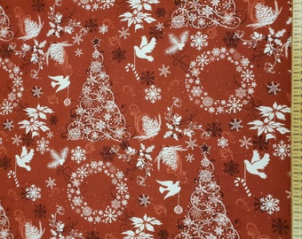 Disney Novelty Christmas Fabric 100% Cotton Material By Metre Christmas Tree white doves red background