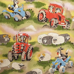 Tessuto fattoria divertente UK 100% cotone Materiale Fat quarter Patchwork Animali da fattoria Divertimento in fattoria Cani Trattori Quad Pecore al pascolo Mandria