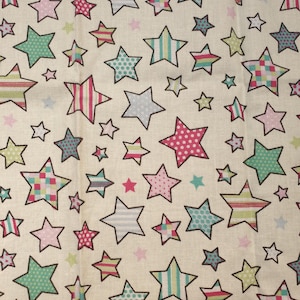 Stars fabric UK Fat Quarter 18" x 22" 100% Cotton Material shop patterned stars different sizes dots spots spotted striped squares colourful