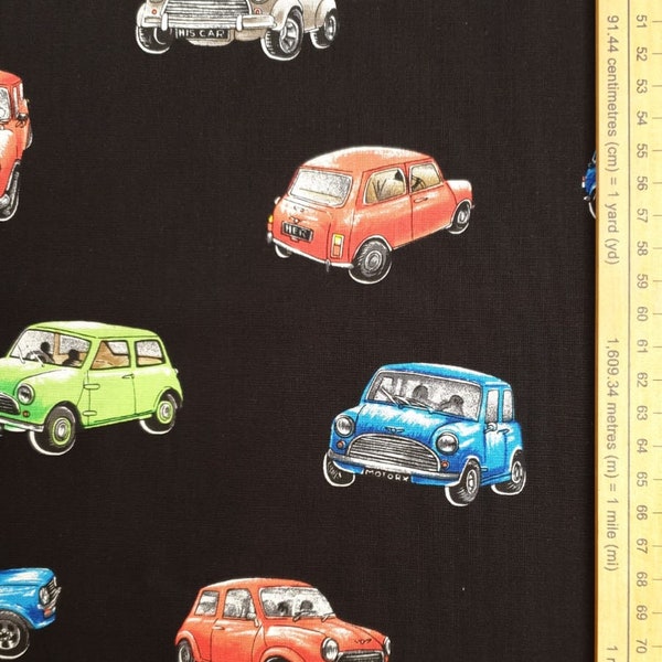 Tissu Mini Cooper UK 100 % coton Au mètre Voitures classiques de collection Patchwork Coussins Sacs Bunting