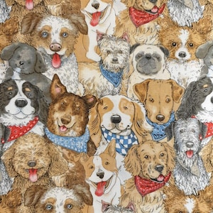 Dogs all over fabric UK 100% Cotton Material By Metre Patchwork domesticated animals pets bandanas cute adorable puppies