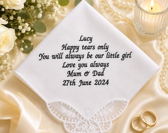 Daughter Wedding Handkerchief | Personalised Wedding Gift | Embroidered Happy Tears Hankie | Bride Keepsake from Mum & Dad