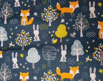 Blue Rabbit & Fox fabric UK 100% Cotton Material By Metres Woodlands rabbits trees forests animals bunny bird sketch leafs