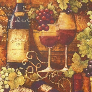May include: A decorative fabric print featuring a wine bottle with a label reading 1988, two stemmed glasses filled with red wine, and clusters of purple and green grapes with leaves. The background displays a wooden texture and cursive text.