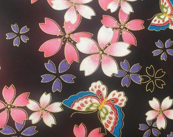 Japońska tkanina motylkowa UK 100% bawełny Materiał Fat quarter Patchwork Kolorowy Wielobarwny Kwiatowy Kwiaty Czarne Tło Złoty Różowy