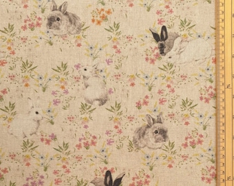 Rabbits in the flowers Fabric 80% Cotton 20 Polyester Material By Metre upholstery feel floral print perfect curtain, cushions and bags