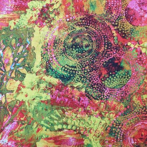 May include: Abstract textile pattern featuring a vibrant mix of colors. The design incorporates circular and organic shapes in shades of yellow, green, pink, and red. The fabric has a textured appearance, suggesting a woven or printed material.