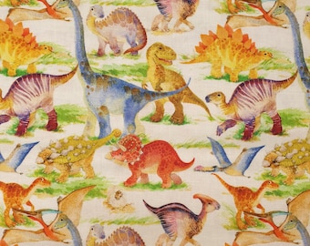 Dinosaurs Fabric 100% Cotton Material By Metre Prehistoric Animal T-Rex Stegosaurus Triceratops Raptors Colourful