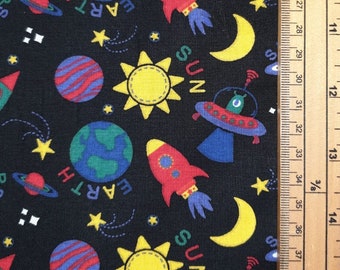 Space fabric UK 100% Cotton Material By Metre colourful rockets moon planets earth stars