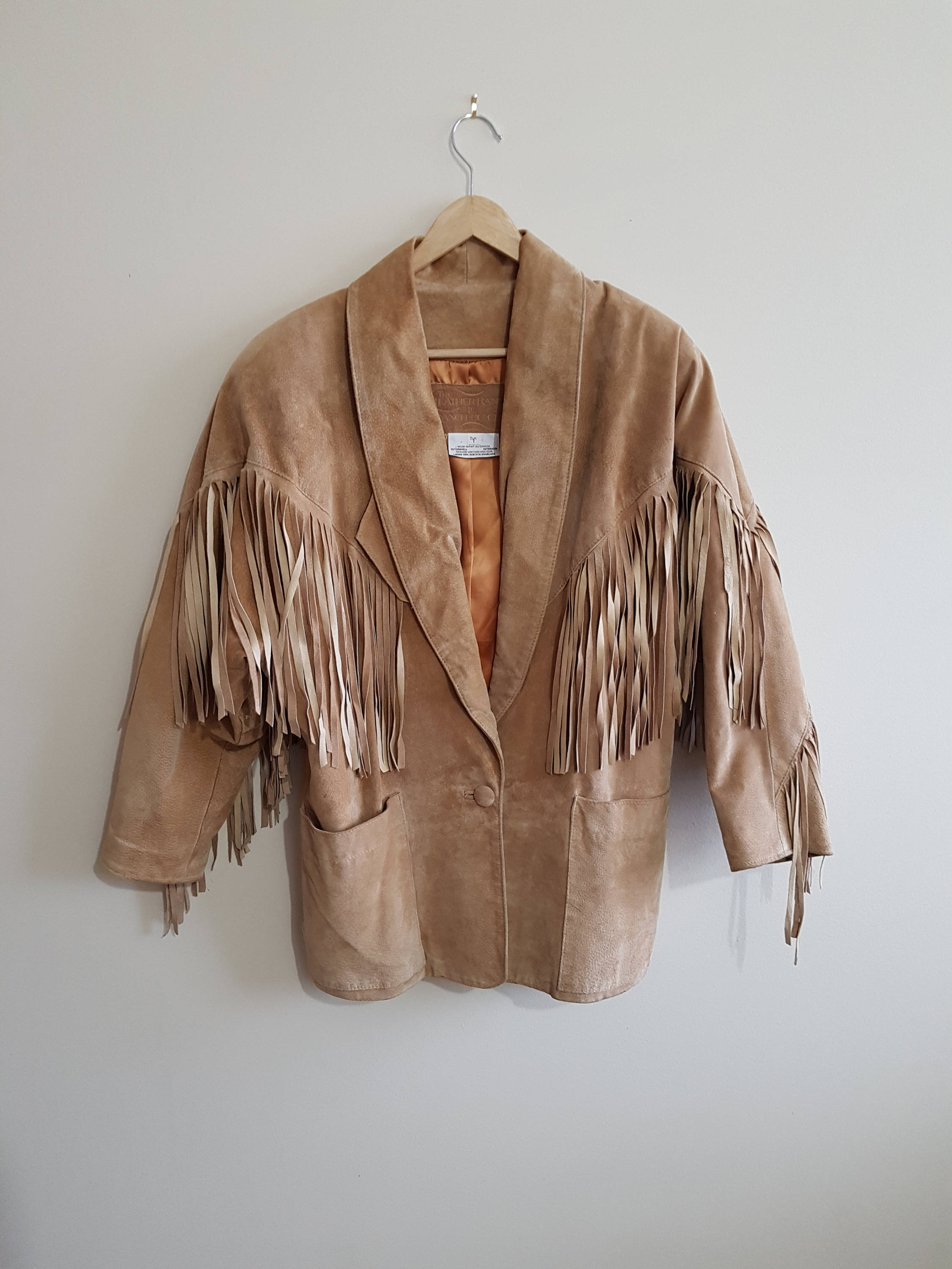 Vintage Tan Leather Fringe Jacket, Leather Ranch Fringe Jacket, Beige Leather Coat, 80 S Clothing, 80 S Leather, Size Men's Small, Women's M
