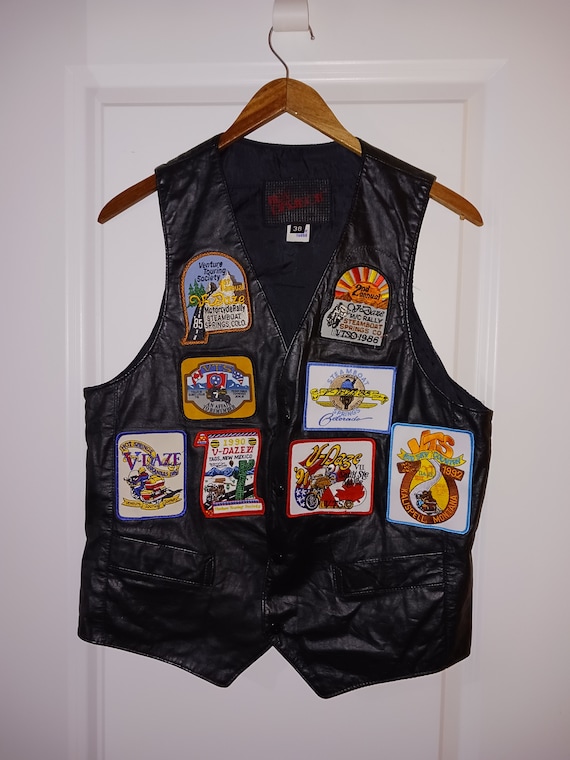 Vintage patched leather vest, vintage patched bik… - image 1