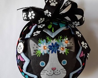 Whimsical Cat  with Rainbow paws Quilted Ornament