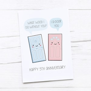 Happy 5th Anniversary Card / Anniversario in legno / Biglietto per il quinto anniversario di matrimonio / Legno / Porte