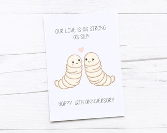Happy 12th Anniversary Card | Silk Anniversary | Twelfth Wedding Anniversary Card | Silk Worms