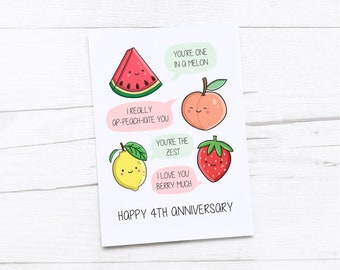 Carte joyeux 4e anniversaire | Anniversaire de fruits | Quatrième carte d'anniversaire de mariage | Jeux de mots aux fruits