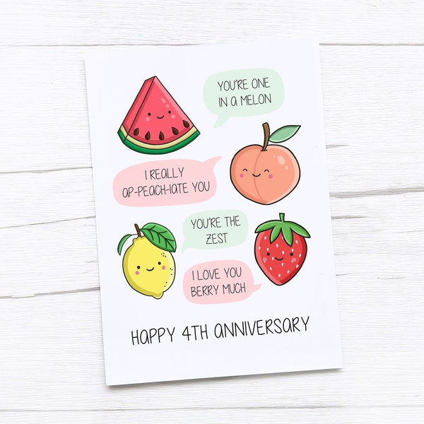 Carte joyeux 4e anniversaire | Anniversaire de fruits | Quatrième carte d'anniversaire de mariage | Jeux de mots aux fruits