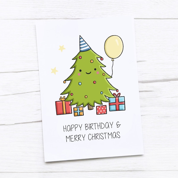 Christmas Birthday Card | Merry Christmas | Happy Birthday | Tree