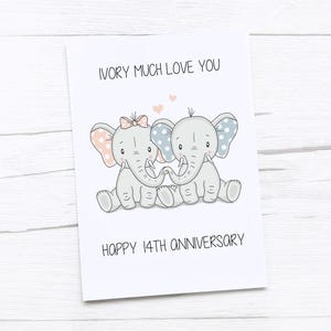 Joyeux 14e anniversaire | Ivoire anniversaire | quatorzième carte d&#39;anniversaire de mariage | Éléphants ivoire