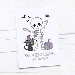Happy Halloween carte | Carte mignonne d'Halloween | Squelette | Chat noir | Jeu de mots d'Halloween