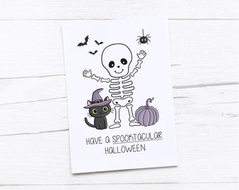 Happy Halloween Card | Cute Halloween Card | Skeleton | Black Cat | Halloween Pun