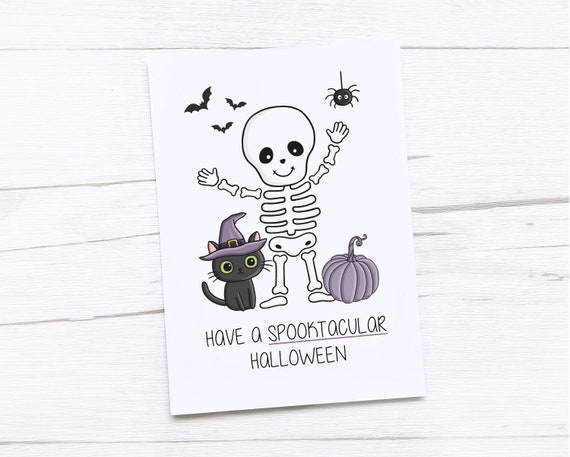 Happy Halloween Card | Cute Halloween Card | Skeleton | Black Cat | Halloween Pun