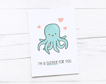 Gelukkige verjaardagskaart | Octopus | Sukkel voor jou | Fijne Valentijnsdag | Valentijnskaart