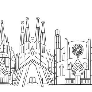 May include: A black and white line drawing of the Barcelona skyline featuring iconic architectural landmarks. The image includes detailed outlines of the Sagrada Familia, and other notable buildings, showcasing the city's unique architecture.