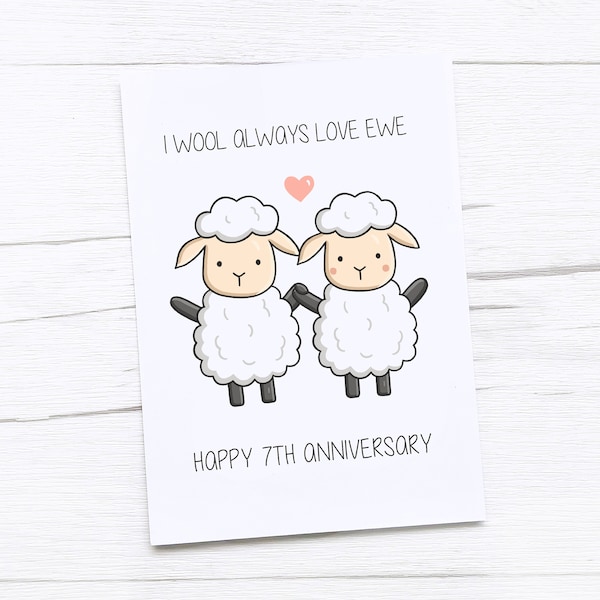 Carte joyeux 7e anniversaire | Anniversaire de la laine | Carte du septième anniversaire de mariage | Laine | Mouton