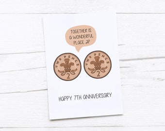 Happy 7th Anniversary Card | Copper Anniversary | Seventh Wedding Anniversary Card | 2p Coin