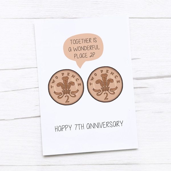 Happy 7th Anniversary Card | Copper Anniversary | Seventh Wedding Anniversary Card | 2p Coin