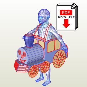 Puede incluir: Un disfraz de tren azul y rojo con una cara sonriente, ruedas y una chimenea. El disfraz lo lleva una persona cuyo cuerpo está representado por un modelo de alambre. Un icono de archivo digital con el texto "PDF DIGITAL FILE" está en la esquina superior derecha.
