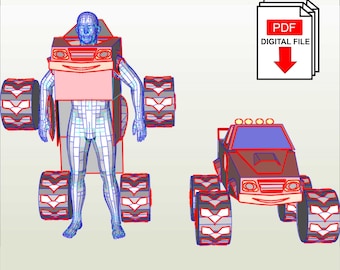 May include: Printable PDF digital file for a monster truck cardboard costume. The costume includes a red, blue, and black monster truck with a smiling face. The file includes instructions for assembling the costume.