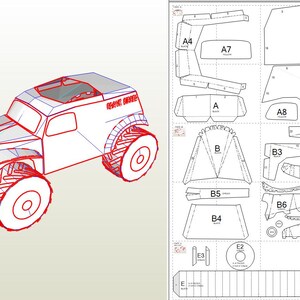 Pu&ograve; includere: Un disegno a tratto bianco e rosso di un monster truck con pneumatici grandi. Il testo "GAME OVER" &egrave; visibile sul lato. Accanto al camion c'&egrave; un diagramma con varie forme ed etichette per l'assemblaggio.