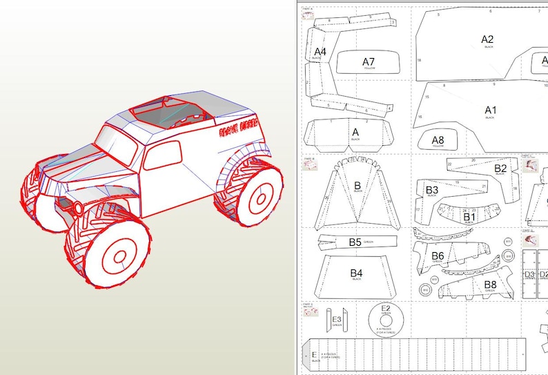Pu&ograve; includere: Un disegno a tratto bianco e rosso di un monster truck con pneumatici grandi. Il testo "GAME OVER" &egrave; visibile sul lato. Accanto al camion c'&egrave; un diagramma con varie forme ed etichette per l'assemblaggio.