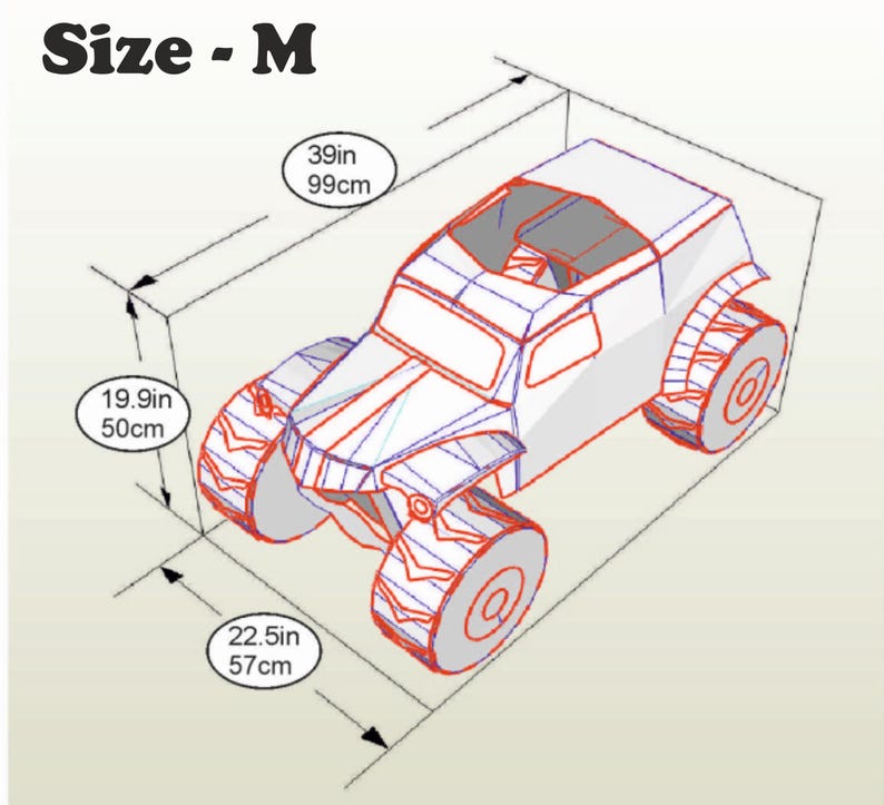 Pu&ograve; includere: Vista isometrica di un'auto giocattolo con ruote grandi, delineata in rosso e blu. Le dimensioni dell'auto sono indicate: 99 cm di lunghezza, 50 cm di altezza e 57 cm di larghezza. Il testo "Size - M" &egrave; in alto.