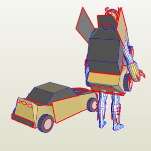 Puede incluir: Un modelo de robot en papel 3D que se transforma en un coche. El robot est&aacute; en su forma humanoide, con un torso gris y brazos amarillos. El coche est&aacute; en su forma de veh&iacute;culo, con una carrocer&iacute;a de color beige y ruedas negras.